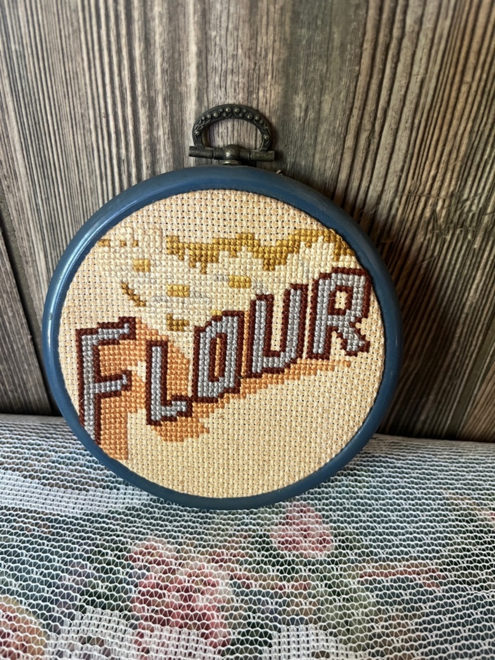 Handmade 'Flour' Cross Stitch Hoop Wall Art - Blue Frame
